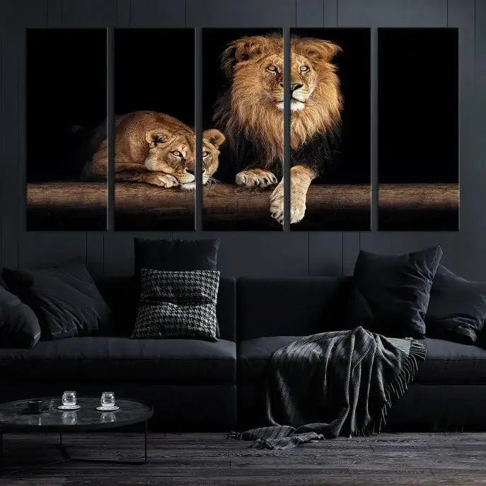 The Lion Canvas Wall Art Animal Print, a striking triptych of a lion and a lioness on museum-quality canvases, adds elegance to the space. This gallery-wrapped piece is protected by a UV coating to keep its vibrant artwork brilliant for years.