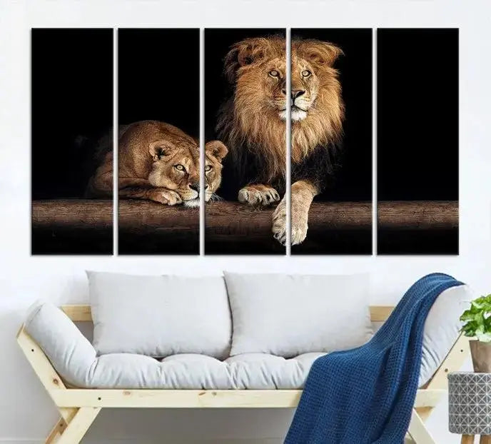 The Lion Canvas Wall Art Animal Print, a striking triptych of a lion and a lioness on museum-quality canvases, adds elegance to the space. This gallery-wrapped piece is protected by a UV coating to keep its vibrant artwork brilliant for years.