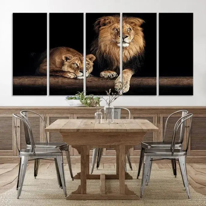 The Lion Canvas Wall Art Animal Print, a striking triptych of a lion and a lioness on museum-quality canvases, adds elegance to the space. This gallery-wrapped piece is protected by a UV coating to keep its vibrant artwork brilliant for years.