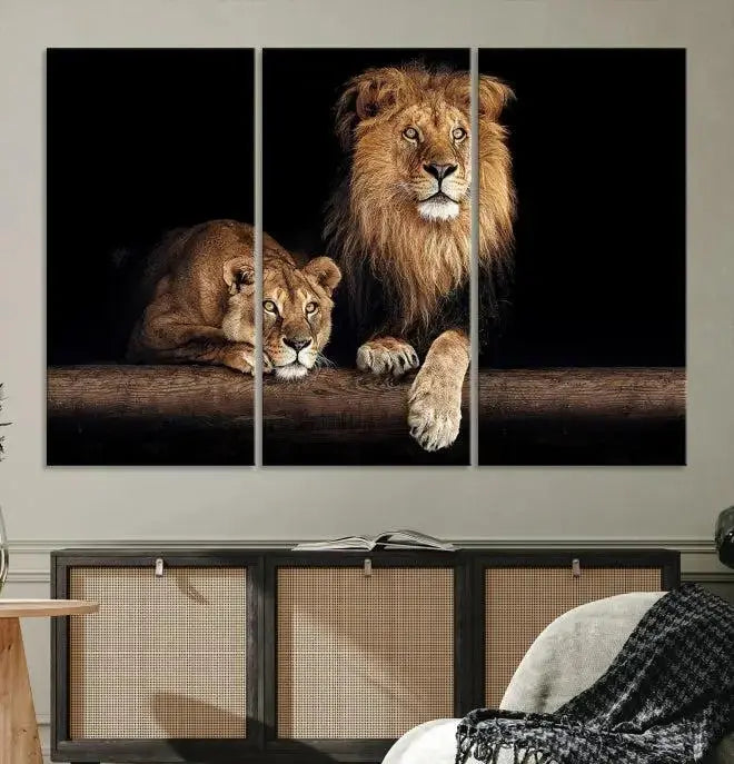 The Lion Canvas Wall Art Animal Print, a striking triptych of a lion and a lioness on museum-quality canvases, adds elegance to the space. This gallery-wrapped piece is protected by a UV coating to keep its vibrant artwork brilliant for years.