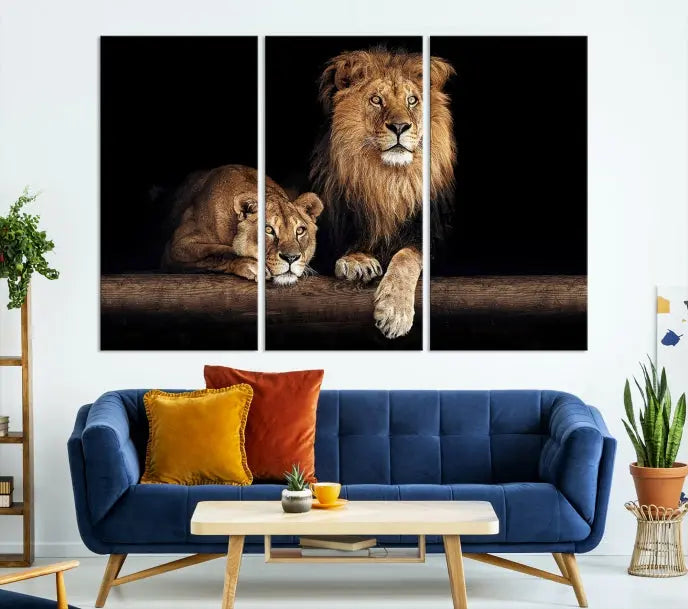 The Lion Canvas Wall Art Animal Print, a striking triptych of a lion and a lioness on museum-quality canvases, adds elegance to the space. This gallery-wrapped piece is protected by a UV coating to keep its vibrant artwork brilliant for years.