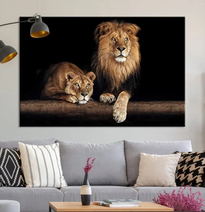 The Lion Canvas Wall Art Animal Print, a striking triptych of a lion and a lioness on museum-quality canvases, adds elegance to the space. This gallery-wrapped piece is protected by a UV coating to keep its vibrant artwork brilliant for years.