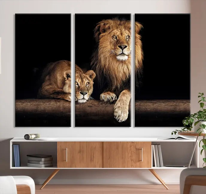 The Lion Canvas Wall Art Animal Print, a striking triptych of a lion and a lioness on museum-quality canvases, adds elegance to the space. This gallery-wrapped piece is protected by a UV coating to keep its vibrant artwork brilliant for years.