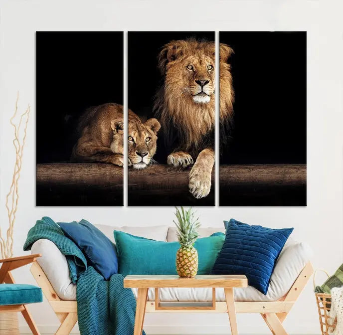 The Lion Canvas Wall Art Animal Print, a striking triptych of a lion and a lioness on museum-quality canvases, adds elegance to the space. This gallery-wrapped piece is protected by a UV coating to keep its vibrant artwork brilliant for years.