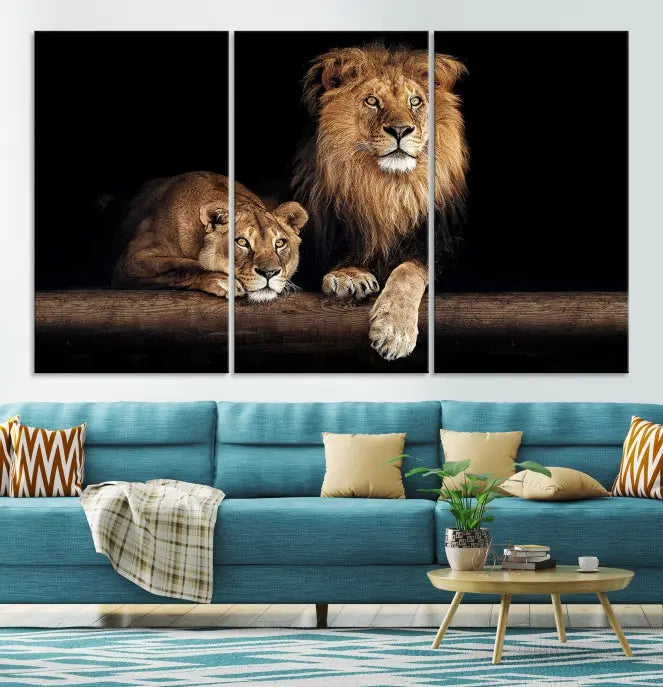 The Lion Canvas Wall Art Animal Print, a striking triptych of a lion and a lioness on museum-quality canvases, adds elegance to the space. This gallery-wrapped piece is protected by a UV coating to keep its vibrant artwork brilliant for years.