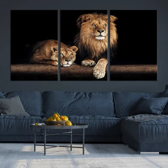 The Lion Canvas Wall Art Animal Print, a striking triptych of a lion and a lioness on museum-quality canvases, adds elegance to the space. This gallery-wrapped piece is protected by a UV coating to keep its vibrant artwork brilliant for years.