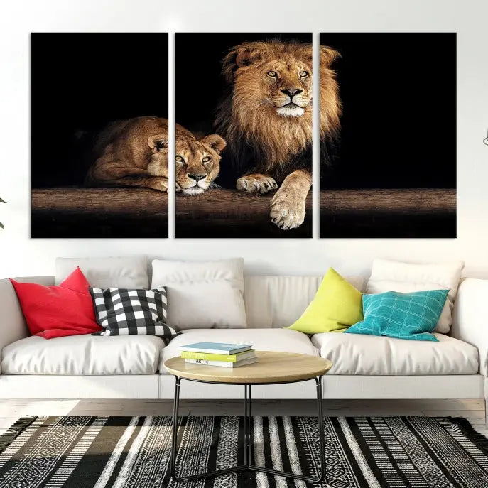 The Lion Canvas Wall Art Animal Print, a striking triptych of a lion and a lioness on museum-quality canvases, adds elegance to the space. This gallery-wrapped piece is protected by a UV coating to keep its vibrant artwork brilliant for years.