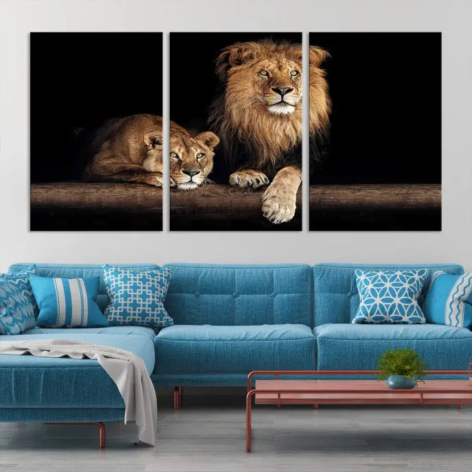 The Lion Canvas Wall Art Animal Print, a striking triptych of a lion and a lioness on museum-quality canvases, adds elegance to the space. This gallery-wrapped piece is protected by a UV coating to keep its vibrant artwork brilliant for years.