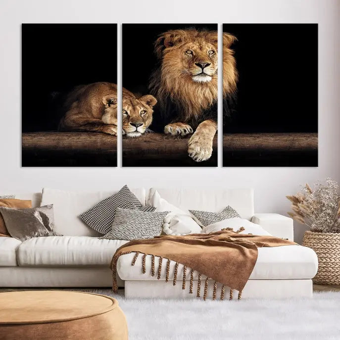 The Lion Canvas Wall Art Animal Print, a striking triptych of a lion and a lioness on museum-quality canvases, adds elegance to the space. This gallery-wrapped piece is protected by a UV coating to keep its vibrant artwork brilliant for years.