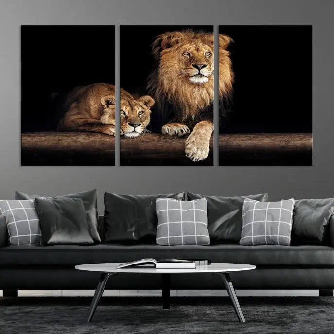 The Lion Canvas Wall Art Animal Print, a striking triptych of a lion and a lioness on museum-quality canvases, adds elegance to the space. This gallery-wrapped piece is protected by a UV coating to keep its vibrant artwork brilliant for years.