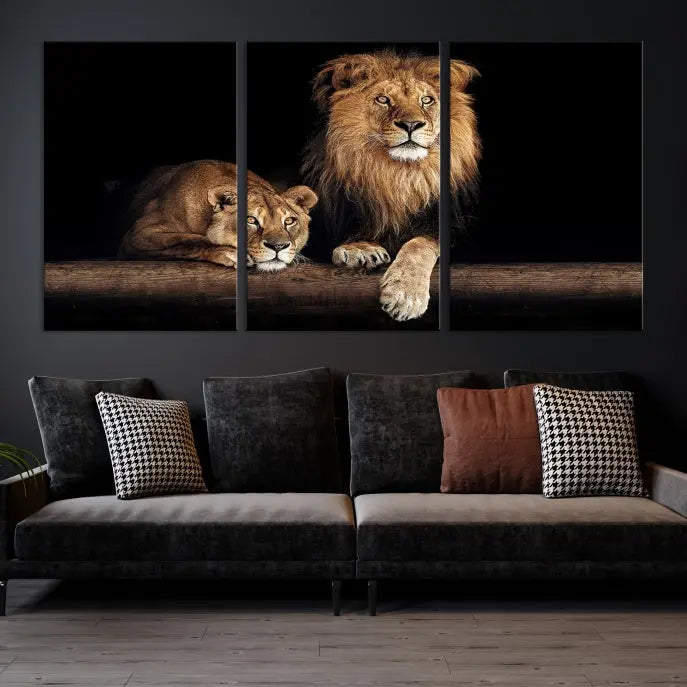 The Lion Canvas Wall Art Animal Print, a striking triptych of a lion and a lioness on museum-quality canvases, adds elegance to the space. This gallery-wrapped piece is protected by a UV coating to keep its vibrant artwork brilliant for years.