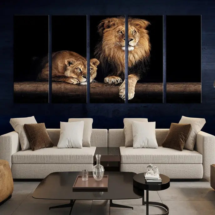 The Lion Canvas Wall Art Animal Print, a striking triptych of a lion and a lioness on museum-quality canvases, adds elegance to the space. This gallery-wrapped piece is protected by a UV coating to keep its vibrant artwork brilliant for years.