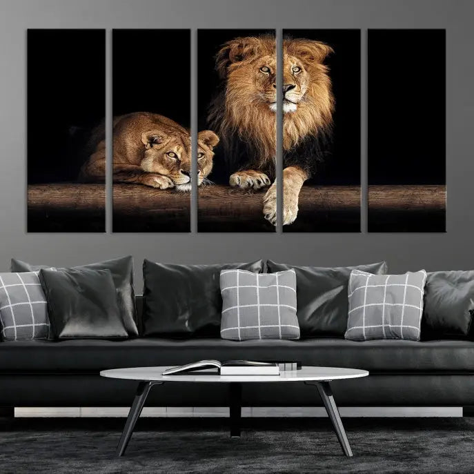 The Lion Canvas Wall Art Animal Print, a striking triptych of a lion and a lioness on museum-quality canvases, adds elegance to the space. This gallery-wrapped piece is protected by a UV coating to keep its vibrant artwork brilliant for years.