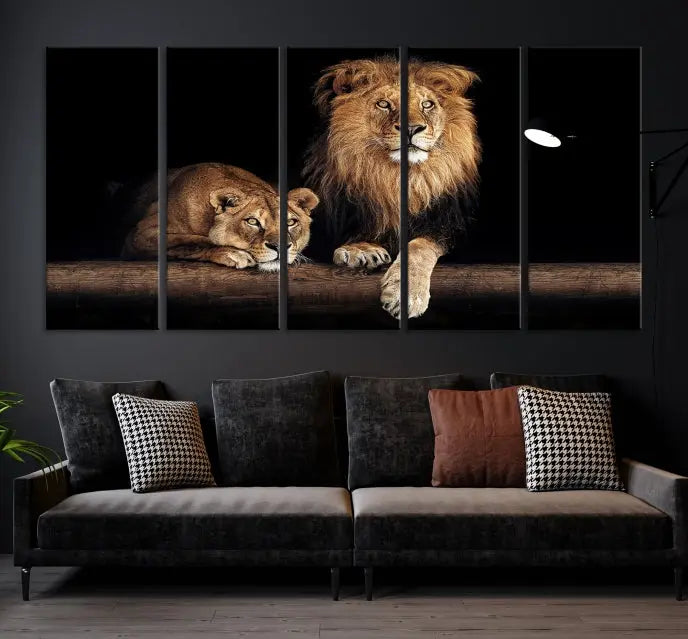 The Lion Canvas Wall Art Animal Print, a striking triptych of a lion and a lioness on museum-quality canvases, adds elegance to the space. This gallery-wrapped piece is protected by a UV coating to keep its vibrant artwork brilliant for years.