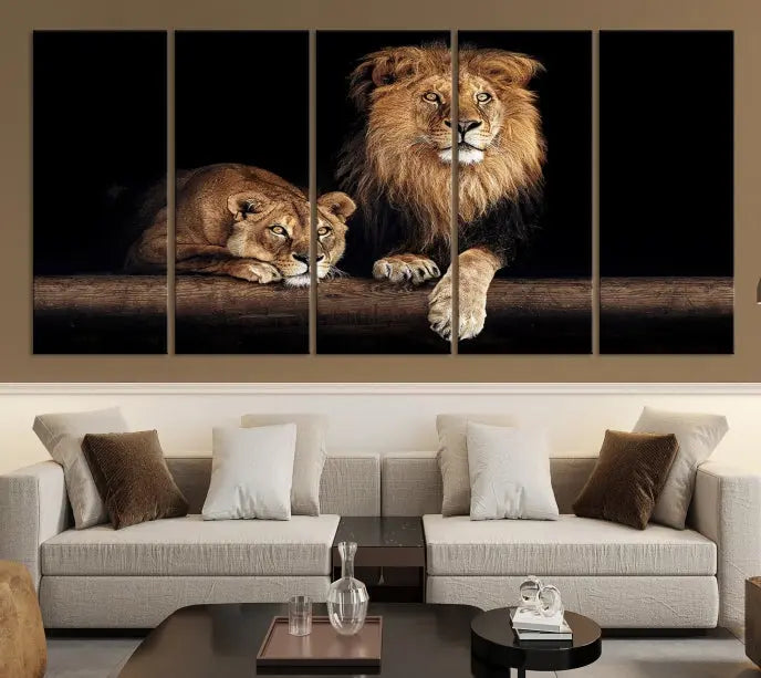 The Lion Canvas Wall Art Animal Print, a striking triptych of a lion and a lioness on museum-quality canvases, adds elegance to the space. This gallery-wrapped piece is protected by a UV coating to keep its vibrant artwork brilliant for years.