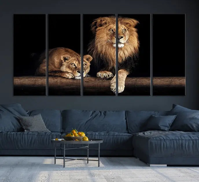 The Lion Canvas Wall Art Animal Print, a striking triptych of a lion and a lioness on museum-quality canvases, adds elegance to the space. This gallery-wrapped piece is protected by a UV coating to keep its vibrant artwork brilliant for years.