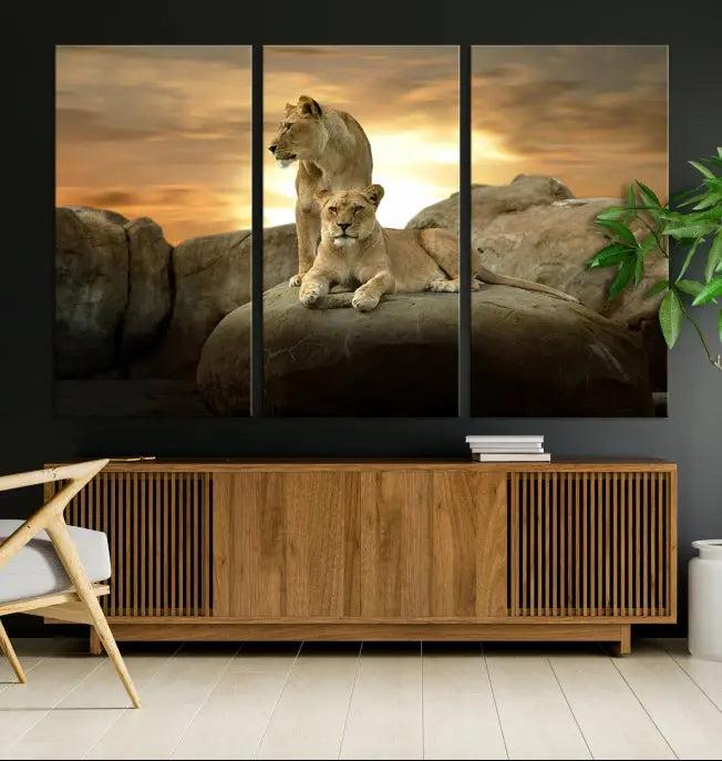 A three-panel, museum-quality Lion Family Africa Savannah Wall Art Canvas Print with a UV-protective coating hangs prominently.