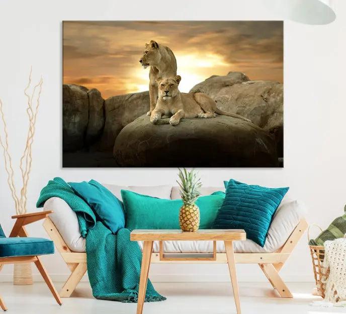 A three-panel, museum-quality Lion Family Africa Savannah Wall Art Canvas Print with a UV-protective coating hangs prominently.