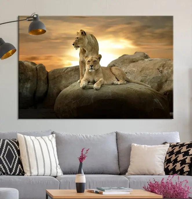 A three-panel, museum-quality Lion Family Africa Savannah Wall Art Canvas Print with a UV-protective coating hangs prominently.