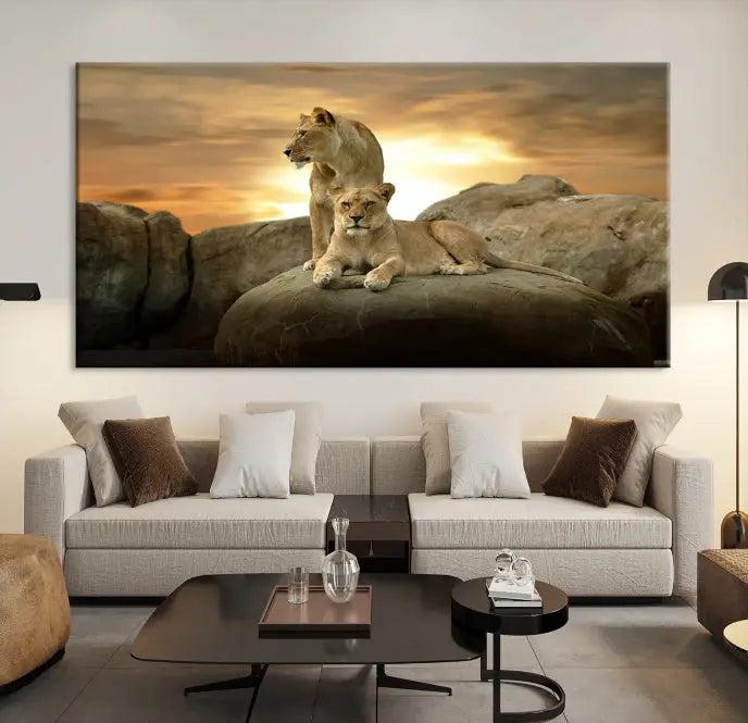 A three-panel, museum-quality Lion Family Africa Savannah Wall Art Canvas Print with a UV-protective coating hangs prominently.