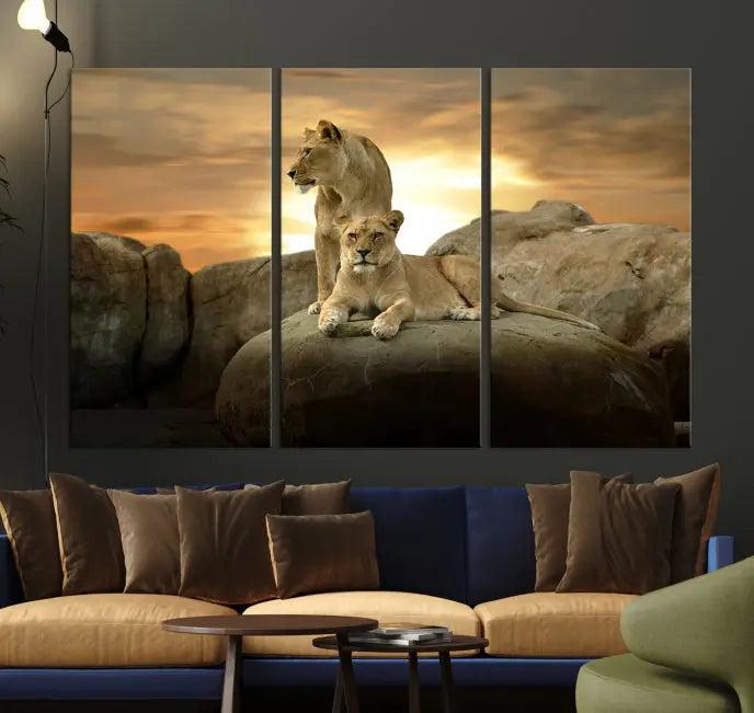 A three-panel, museum-quality Lion Family Africa Savannah Wall Art Canvas Print with a UV-protective coating hangs prominently.