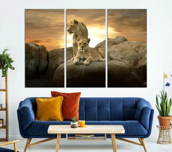 A three-panel, museum-quality Lion Family Africa Savannah Wall Art Canvas Print with a UV-protective coating hangs prominently.