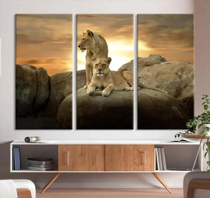 A three-panel, museum-quality Lion Family Africa Savannah Wall Art Canvas Print with a UV-protective coating hangs prominently.