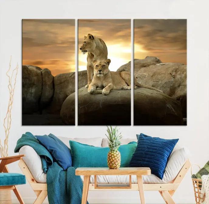 A three-panel, museum-quality Lion Family Africa Savannah Wall Art Canvas Print with a UV-protective coating hangs prominently.