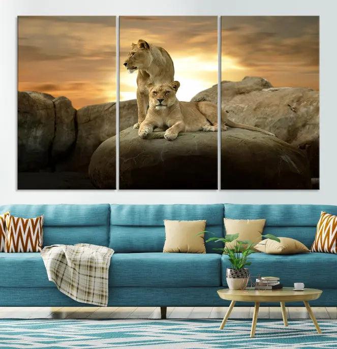 A three-panel, museum-quality Lion Family Africa Savannah Wall Art Canvas Print with a UV-protective coating hangs prominently.