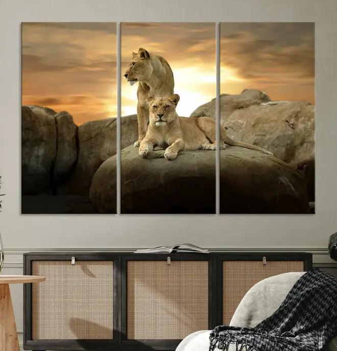 A three-panel, museum-quality Lion Family Africa Savannah Wall Art Canvas Print with a UV-protective coating hangs prominently.