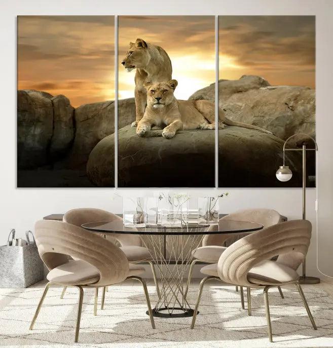 A three-panel, museum-quality Lion Family Africa Savannah Wall Art Canvas Print with a UV-protective coating hangs prominently.