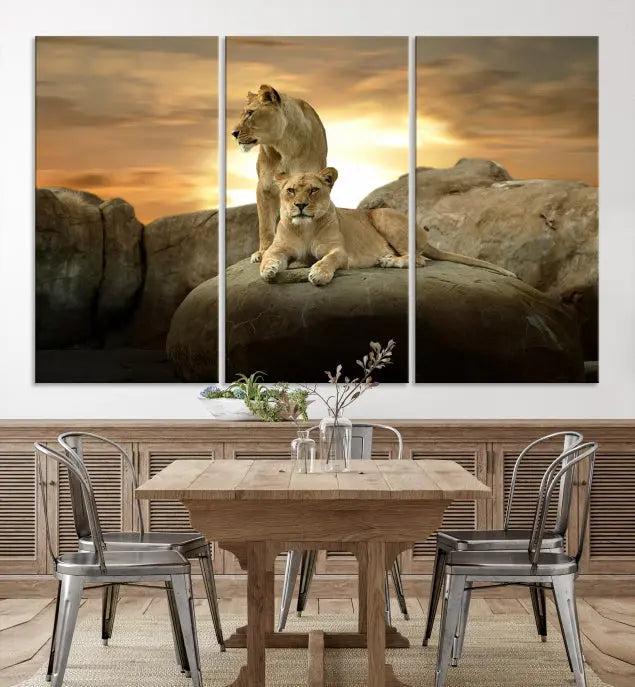 A three-panel, museum-quality Lion Family Africa Savannah Wall Art Canvas Print with a UV-protective coating hangs prominently.