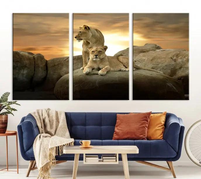 A three-panel, museum-quality Lion Family Africa Savannah Wall Art Canvas Print with a UV-protective coating hangs prominently.