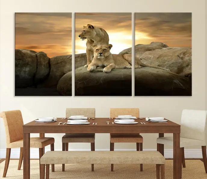 A three-panel, museum-quality Lion Family Africa Savannah Wall Art Canvas Print with a UV-protective coating hangs prominently.