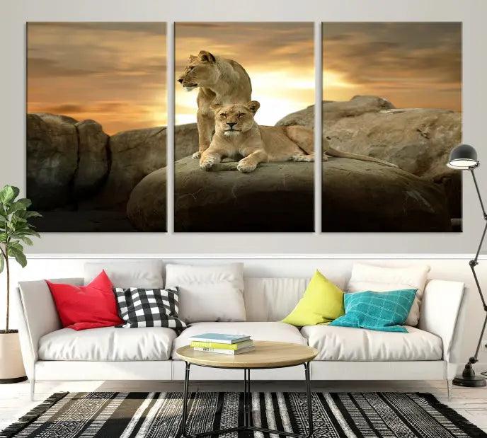 A three-panel, museum-quality Lion Family Africa Savannah Wall Art Canvas Print with a UV-protective coating hangs prominently.