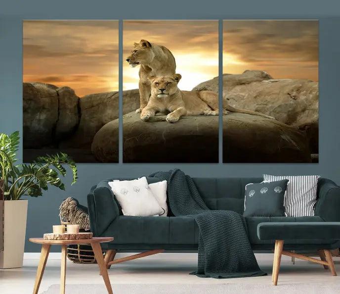 A three-panel, museum-quality Lion Family Africa Savannah Wall Art Canvas Print with a UV-protective coating hangs prominently.