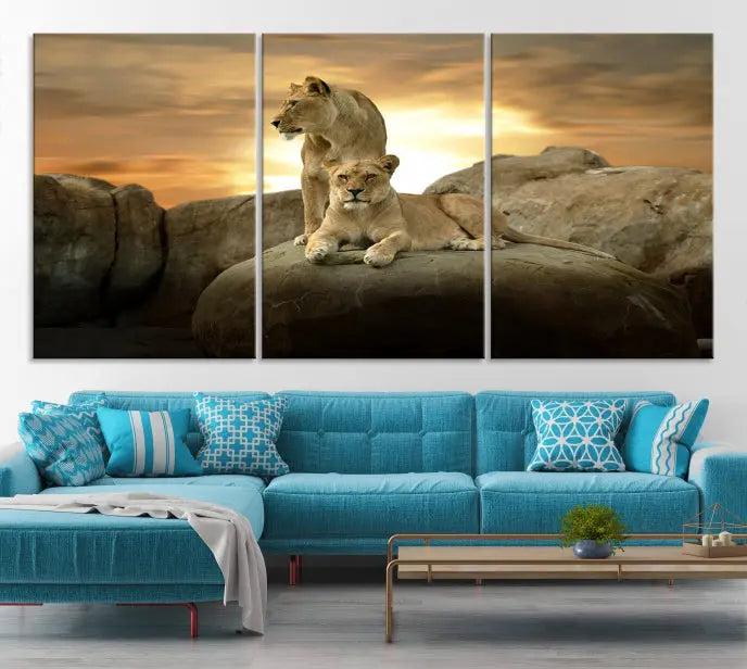 A three-panel, museum-quality Lion Family Africa Savannah Wall Art Canvas Print with a UV-protective coating hangs prominently.