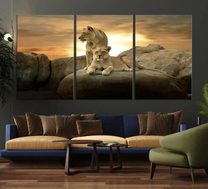 A three-panel, museum-quality Lion Family Africa Savannah Wall Art Canvas Print with a UV-protective coating hangs prominently.