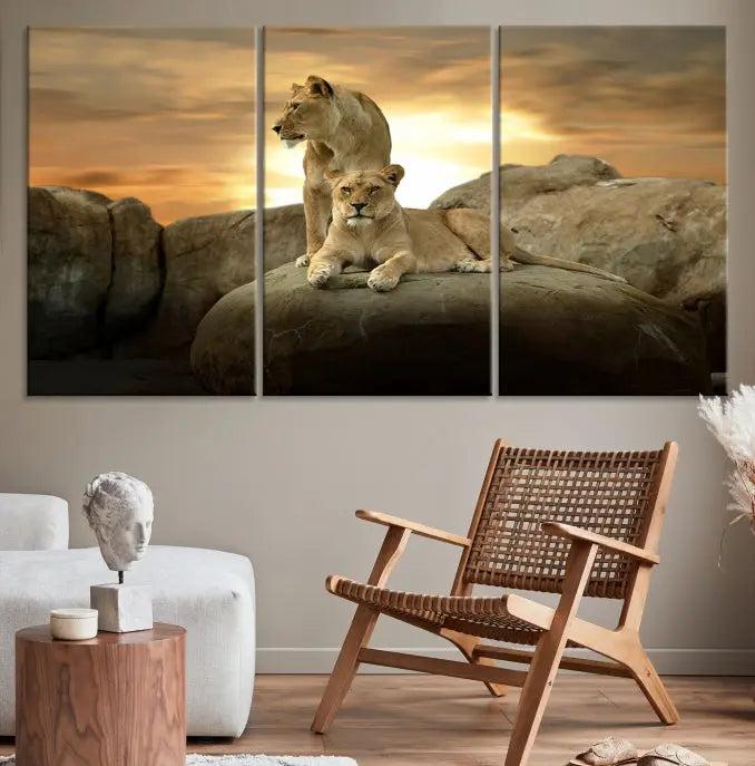 A three-panel, museum-quality Lion Family Africa Savannah Wall Art Canvas Print with a UV-protective coating hangs prominently.