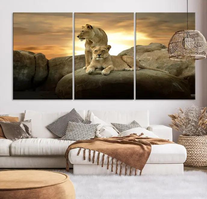 A three-panel, museum-quality Lion Family Africa Savannah Wall Art Canvas Print with a UV-protective coating hangs prominently.