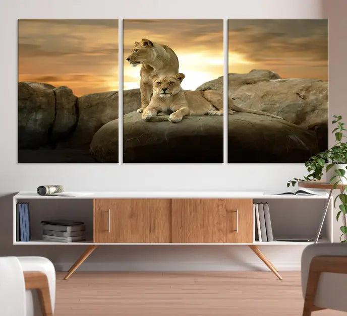 A three-panel, museum-quality Lion Family Africa Savannah Wall Art Canvas Print with a UV-protective coating hangs prominently.