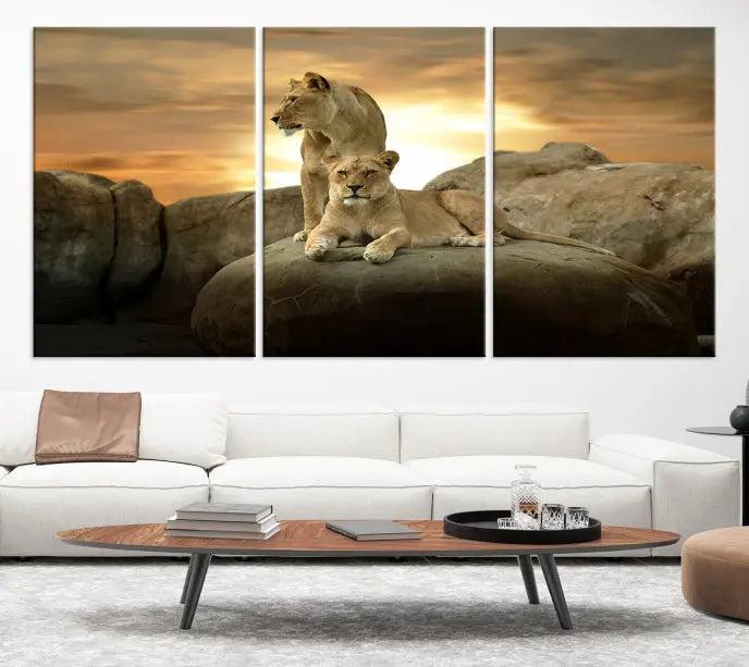 A three-panel, museum-quality Lion Family Africa Savannah Wall Art Canvas Print with a UV-protective coating hangs prominently.