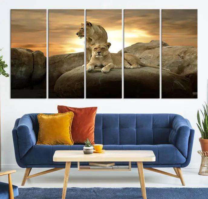 A three-panel, museum-quality Lion Family Africa Savannah Wall Art Canvas Print with a UV-protective coating hangs prominently.