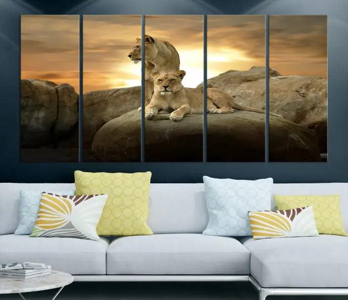 A three-panel, museum-quality Lion Family Africa Savannah Wall Art Canvas Print with a UV-protective coating hangs prominently.