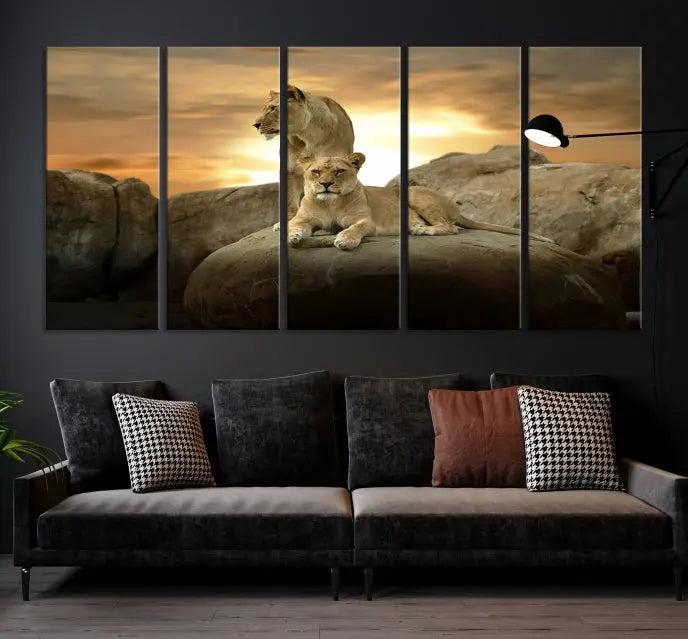 A three-panel, museum-quality Lion Family Africa Savannah Wall Art Canvas Print with a UV-protective coating hangs prominently.