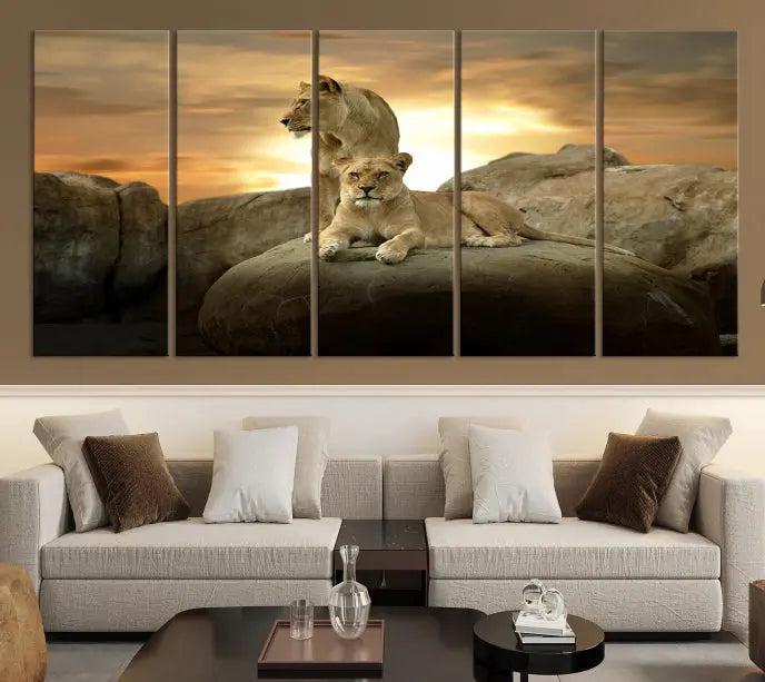 A three-panel, museum-quality Lion Family Africa Savannah Wall Art Canvas Print with a UV-protective coating hangs prominently.