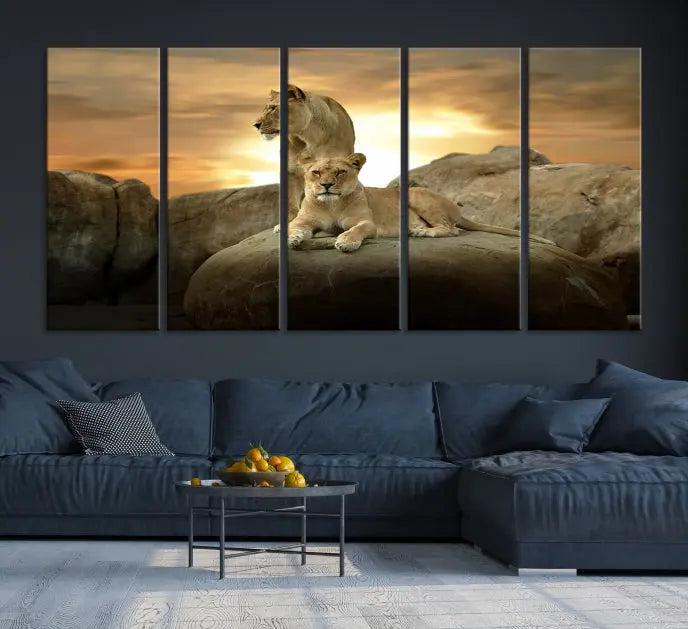 A three-panel, museum-quality Lion Family Africa Savannah Wall Art Canvas Print with a UV-protective coating hangs prominently.