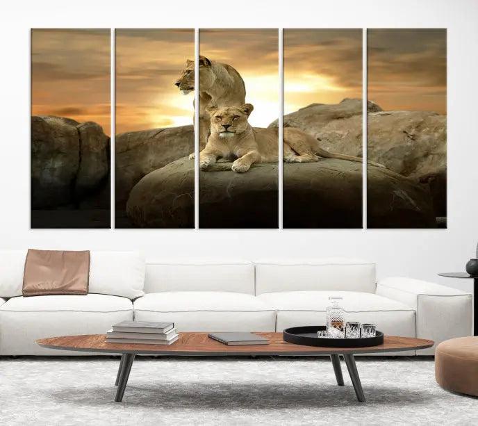 A three-panel, museum-quality Lion Family Africa Savannah Wall Art Canvas Print with a UV-protective coating hangs prominently.