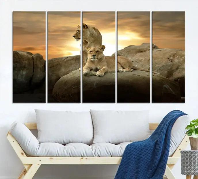 A three-panel, museum-quality Lion Family Africa Savannah Wall Art Canvas Print with a UV-protective coating hangs prominently.