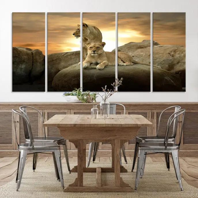 A three-panel, museum-quality Lion Family Africa Savannah Wall Art Canvas Print with a UV-protective coating hangs prominently.